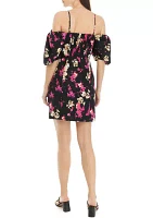 Women's Puff Sleeve Floral Linen Shift Dress