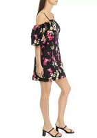 Women's Puff Sleeve Floral Linen Shift Dress