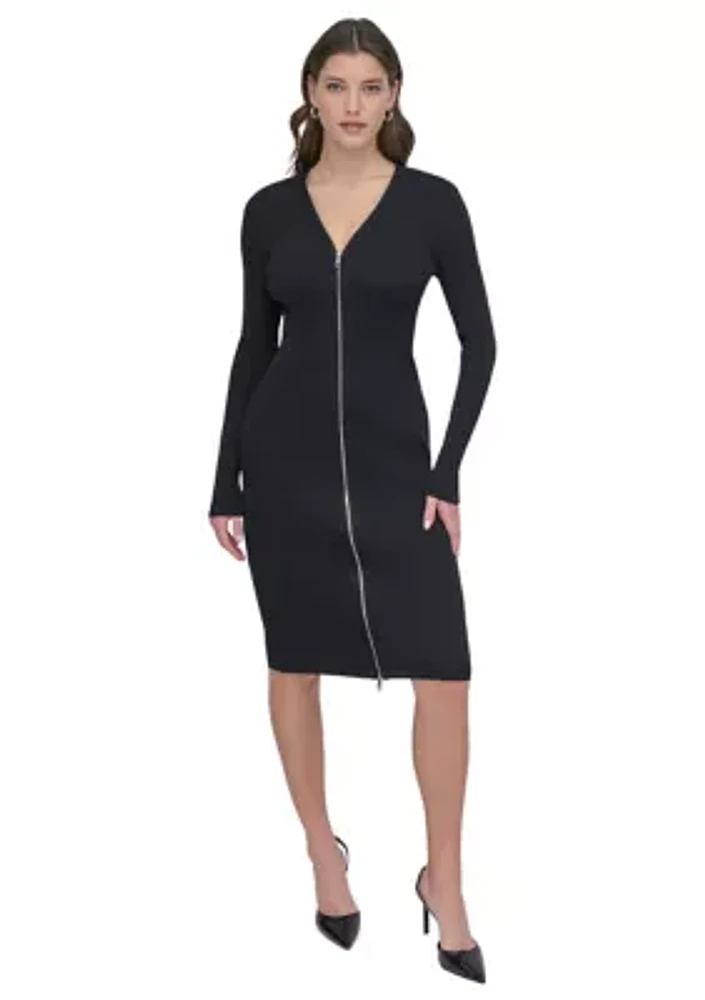 Women's Long Sleeve Zip Front Ribbed Dress