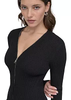 Women's Long Sleeve Zip Front Ribbed Dress