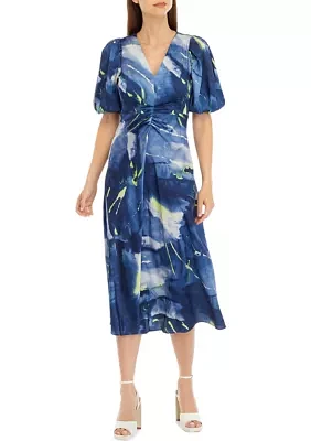 Women's Short Sleeve Ruched Printed Midi Dress