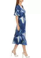 Women's Short Sleeve Ruched Printed Midi Dress