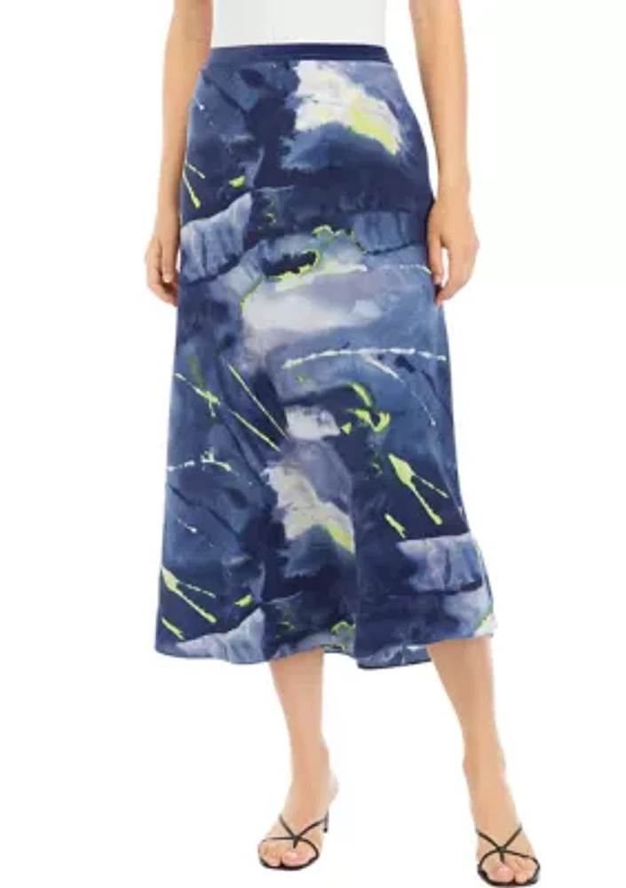 Women's Smudge Print Satin Midi Skirt