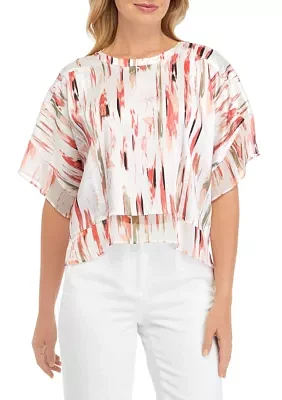 Women's Short Sleeve Smudge Print Mix Media Blouse