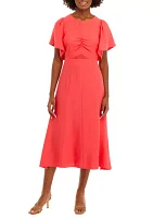 Women's Flutter Sleeve Ruch Front Midi Dress