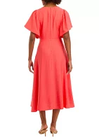 Women's Flutter Sleeve Ruch Front Midi Dress