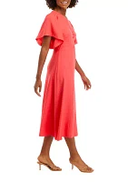 Women's Flutter Sleeve Ruch Front Midi Dress