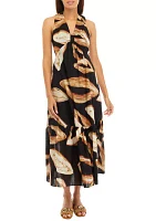 Women's Sleeveless Tie Waist Leaf Print Dress