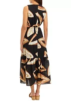 Women's Sleeveless Tie Waist Leaf Print Dress