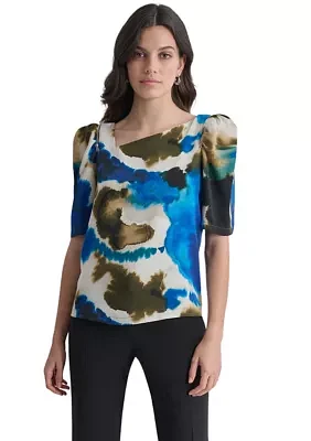 Women's Puff Sleeve Asymmetric Neck Swirl Blouse