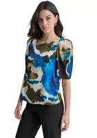 Women's Puff Sleeve Asymmetric Neck Swirl Blouse