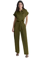 Women's Short Sleeve Tie Waist Utility Jumpsuit