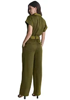 Women's Short Sleeve Tie Waist Utility Jumpsuit