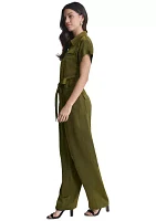 Women's Short Sleeve Tie Waist Utility Jumpsuit