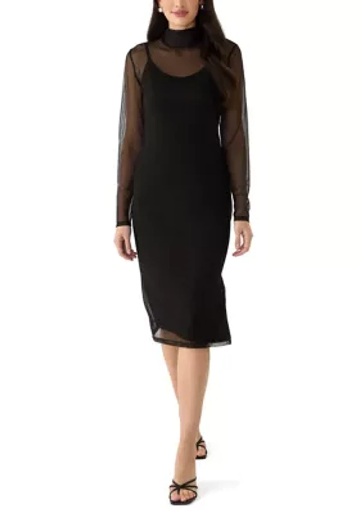 Women's Long Sleeve Mock Neck Mesh Dress