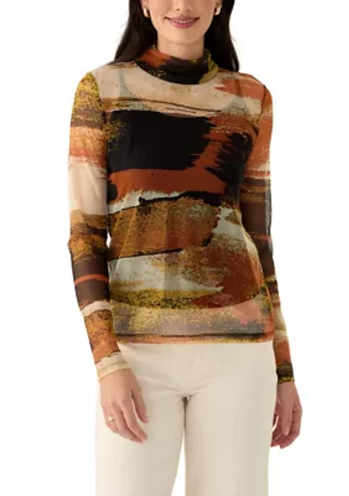 Women's Long Sleeve Mock Neck Printed Mesh Top