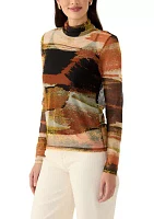 Women's Long Sleeve Mock Neck Printed Mesh Top