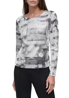 Women's Long Sleeve Blur Print Mesh T-Shirt