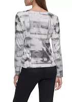 Women's Long Sleeve Blur Print Mesh T-Shirt