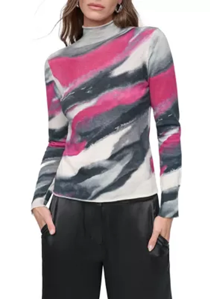 Women's Long Sleeve Brushstroke Mock Neck Sweater