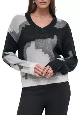 Women's Long Sleeve V-Neck Color Block Sweater