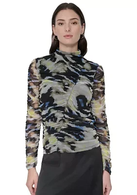 Women's Long Sleeve Ruched Animal Print Mesh Top