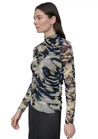 Women's Long Sleeve Ruched Animal Print Mesh Top