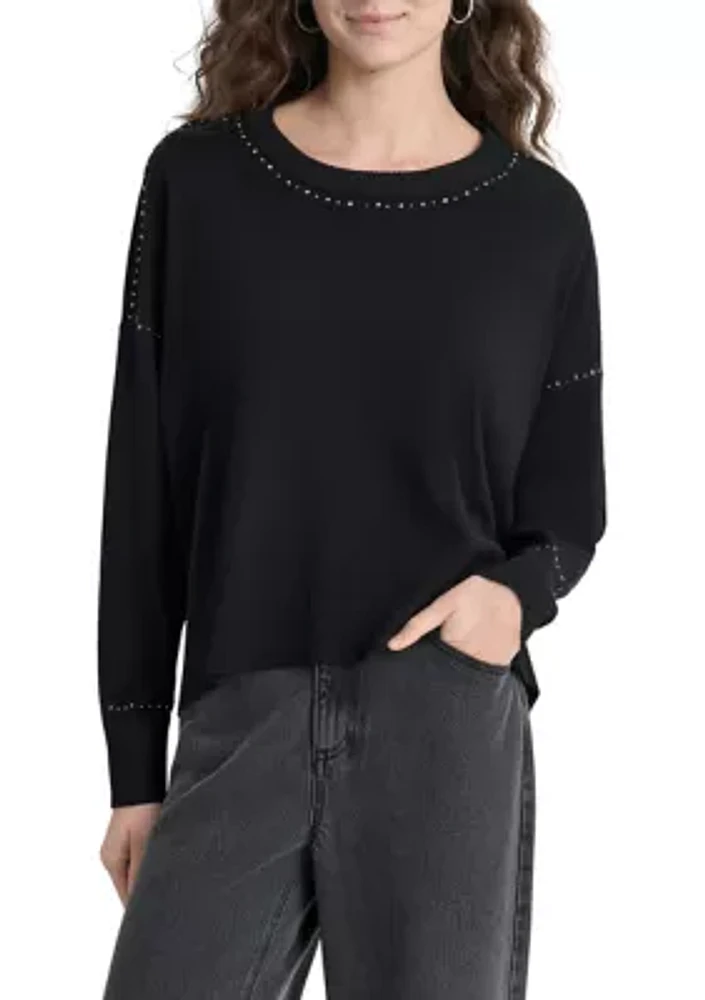 Women's Crew Neck Stud Trim Split Hem Sweater