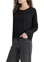 Women's Crew Neck Stud Trim Split Hem Sweater