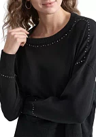 Women's Crew Neck Stud Trim Split Hem Sweater