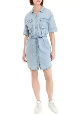 Women's Short Sleeve Tie Front Denim Shirtdress