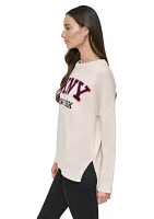 Women's Long Sleeve Split Hem Logo Graphic Sweater