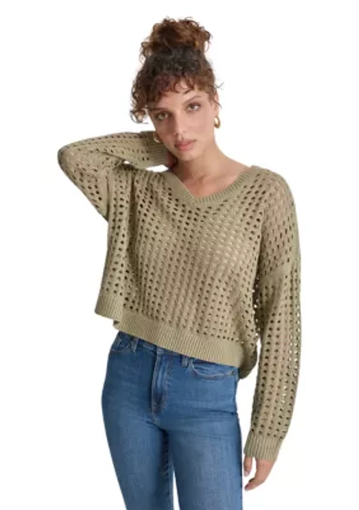 Women's Long Sleeve V-Neck Open Stitch Sweater