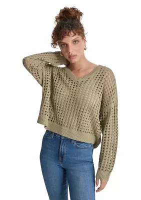 Women's Long Sleeve V-Neck Open Stitch Sweater