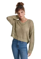 Women's Long Sleeve V-Neck Open Stitch Sweater