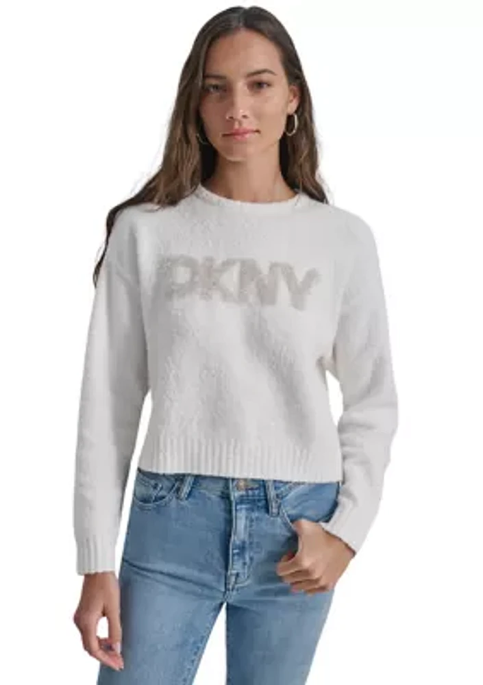 Women's Long Sleeve Bouclé Tinsel Logo Sweater