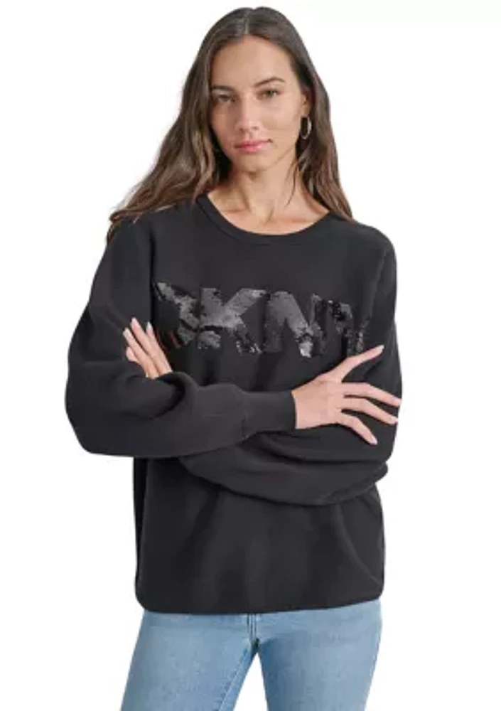 Women's Long Sleeve Sequin Logo Crew Neck Sweater