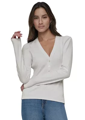 Women's Puff V-Neck Ribbed Henley Top