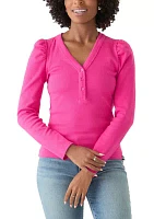 Women's Puff V-Neck Ribbed Henley Top