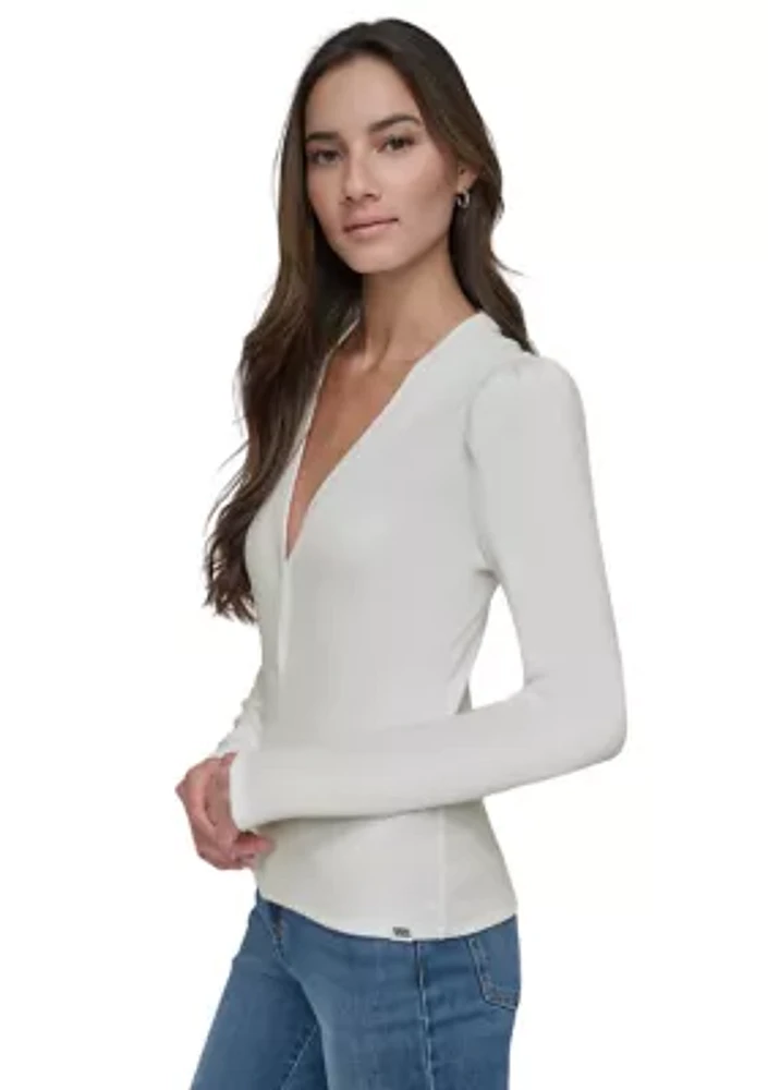 Women's Puff V-Neck Ribbed Henley Top