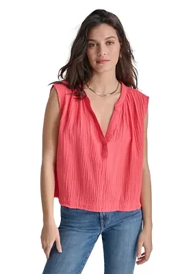 Women's Sleeveless Split Neck Gauze Popover Blouse