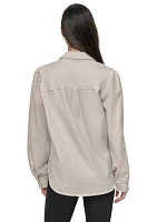 Women's Long Sleeve Puff Shoulder Coated Denim Shirt