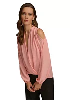 Women's Cold Shoulder Blouson Wrap Blouse