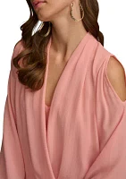 Women's Cold Shoulder Blouson Wrap Blouse