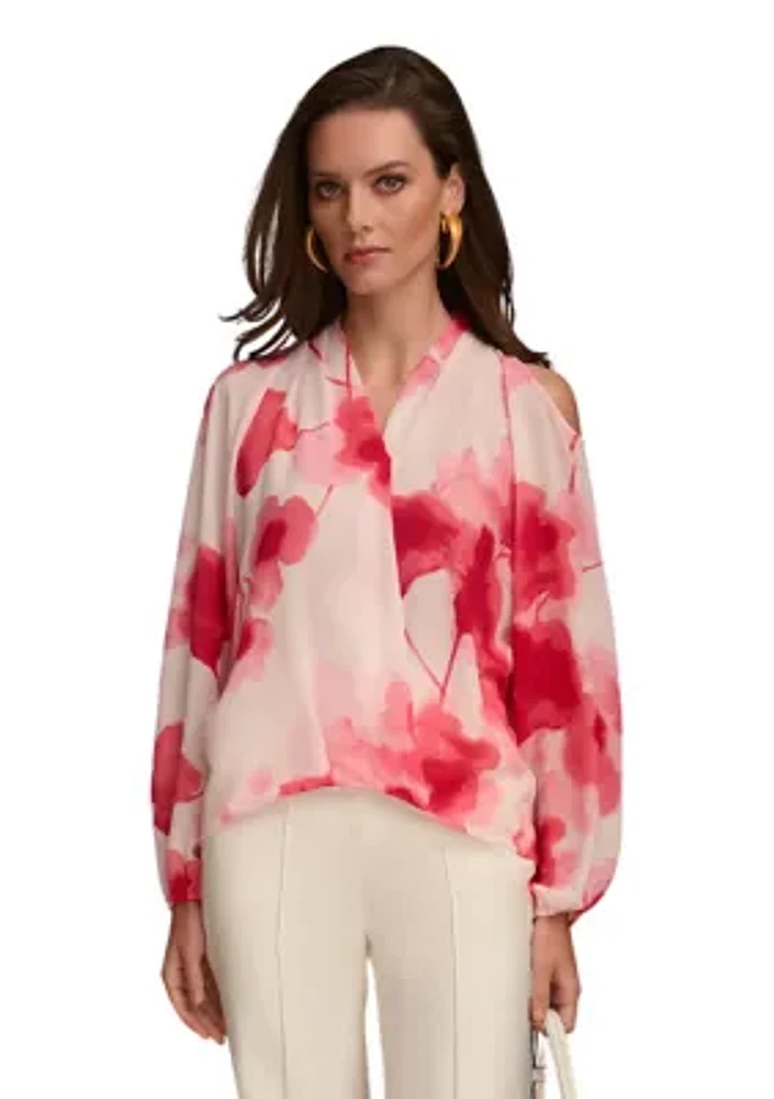 Women's Cold Shoulder Printed Wrap Blouse