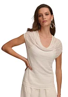 Women's Short Sleeve Pointelle Cowl Neck Top