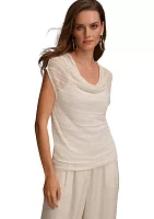 Women's Short Sleeve Pointelle Cowl Neck Top