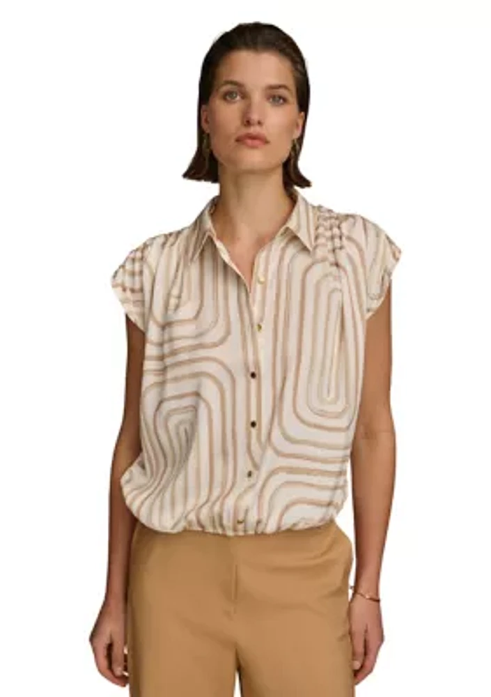 Women's Cap Sleeve Geometric Print Collared Shirt