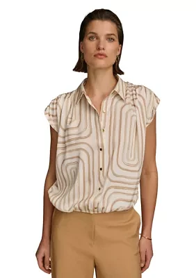 Women's Cap Sleeve Geometric Print Collared Shirt