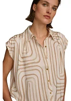 Women's Cap Sleeve Geometric Print Collared Shirt